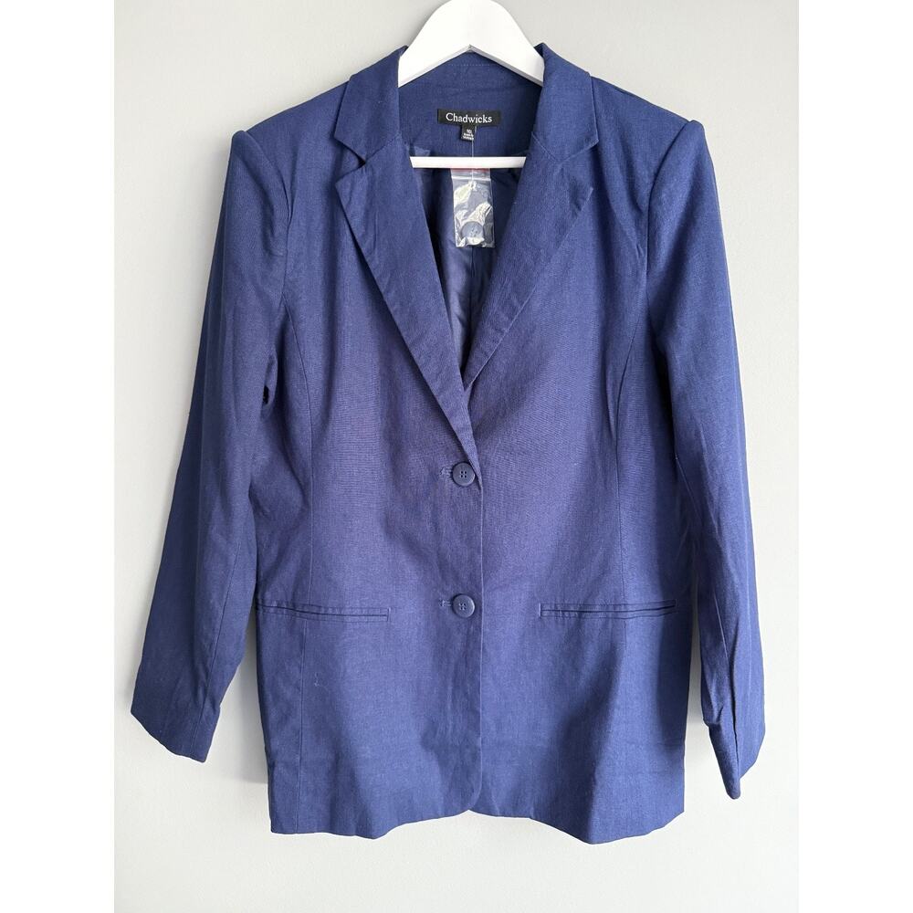 Chadwicks Navy Blue Linen Blazer Jacket Size 10 NWOT Two Button Lined Career